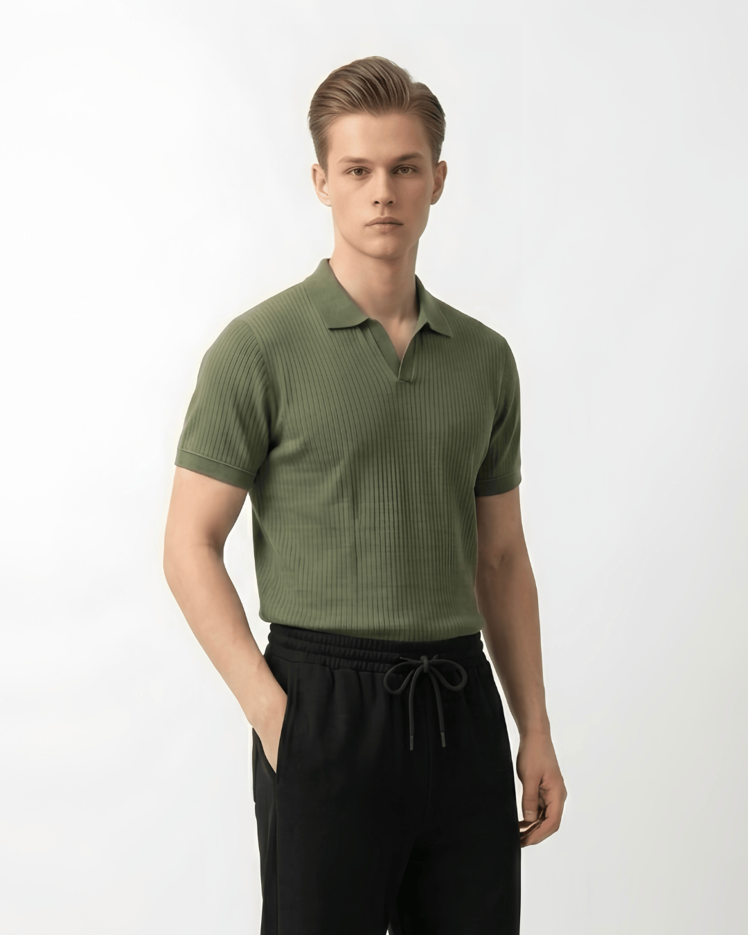 DROP NIDDLE KNITTED POLO | OLIVE
